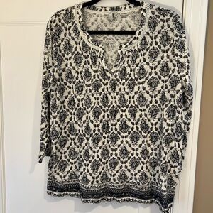 Lucky Brand,Black/Off White Print blouse,XL,cotton knit fabric,3/4 sleeves